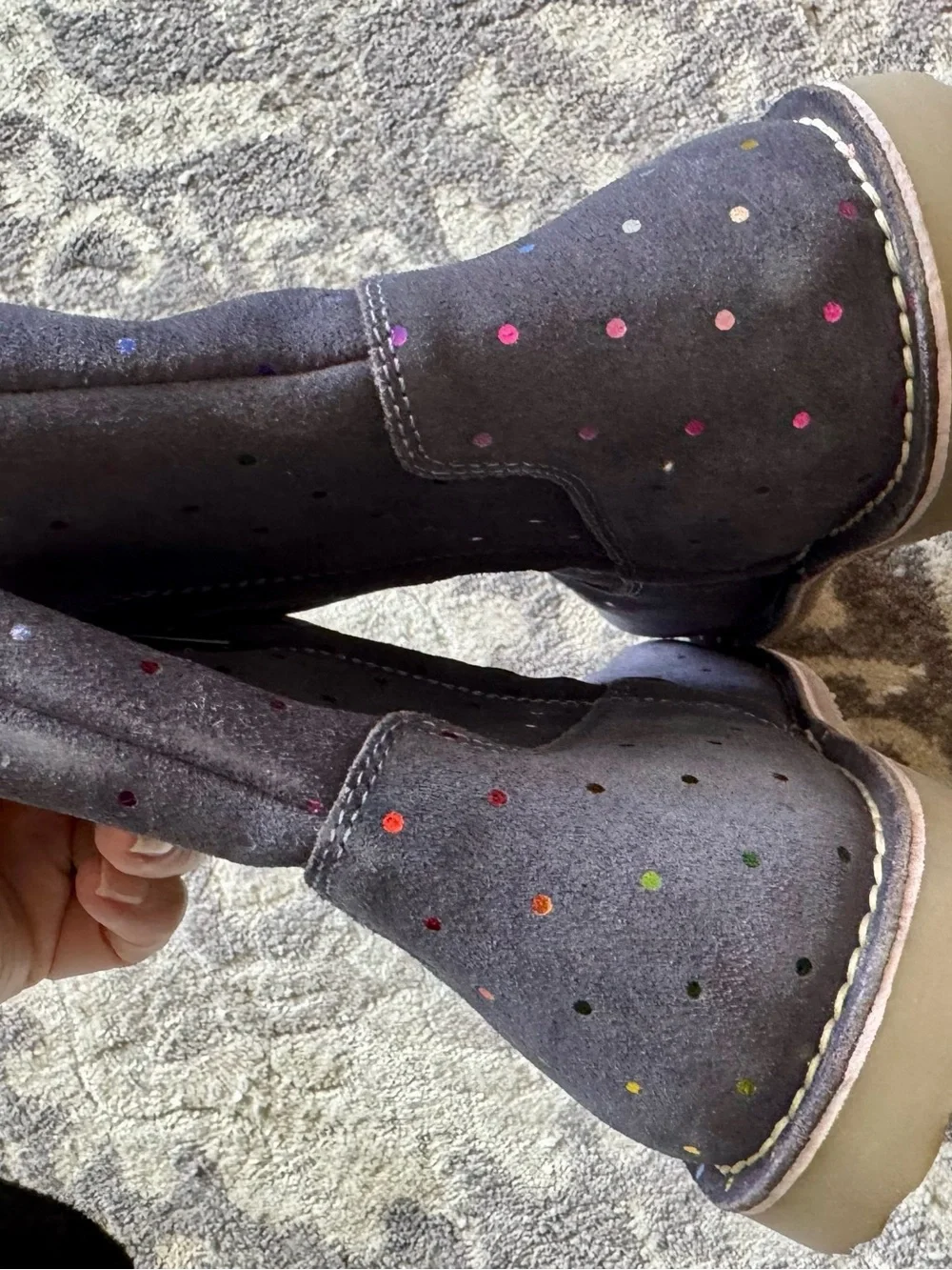Mini Boden Navy Suede Kids Ankle Boots with Colorful Polka Dots